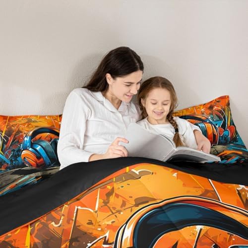 Erosebridal Gaming Headset Comforter Set Graffiti Gamer Girl Toddler Bedding Set for Tween Boys Girls Doodle Style Comforter Gaming Headphones Quilt - Image 3