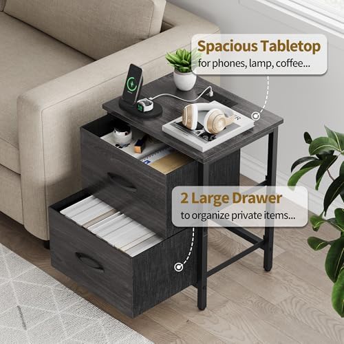 Vagusicc Nightstand with Charging Station, Bedside Table with USB Ports and Outlet, End Table Side Table with 2 Fabric Drawers for Bedroom, Living Room, Gray Walnut - Image 5