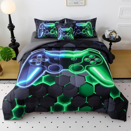 JQinHome Full Gaming Bedding Set 6-Piece Comforter for Kids Teens - 3D Video Game Console Print Bed in a Bag with Ultra-Soft Fluffy Sheets, Blue-Green Unisex Design (Full) by JQinHome