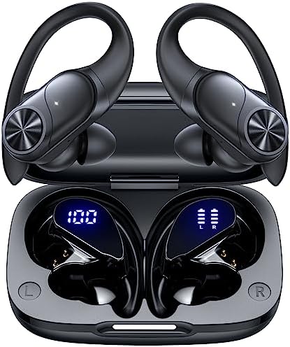 PocBuds Bluetooth Headphones Wireless Earbuds 80hrs Playtime Wireless Charging Case Digital Display Sports Ear Buds with Earhook Deep Bass IPX7 Waterproof Over-Ear Earphones for TV Phone Laptop Black by PocBuds