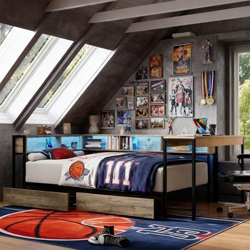 Bellemave Twin Size Corner Bed Frame with Storage Drawers, Bookcase and Side Desk, Twin Corner Bed with Light and Charging Station, Daybed for Bedroom, Living Room, Guest Room Gray - Image 3