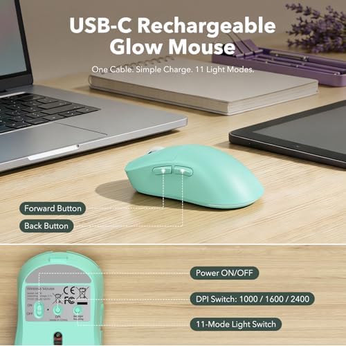 Wireless Keyboard and Mouse Combo, Backlit Round Keycaps, Retro Typewriter Keyboard with Detachable Wrist Rest, Rechargeable & Tilt Legs, 2.4GHz Cordless Connection for Windows/PC (Glowing Turquoise) - Image 6