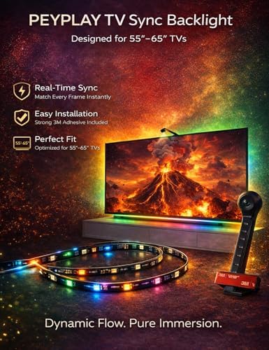 TV Backlight with Camera, Fish-Eye Correction Sync to 55-65 Inch TVs, 11.8ft RGB+IC LED Strip Lights, 3 Colors in 1 Lamp Bead, Voice & APP Control - Image 3