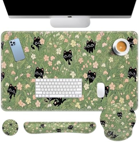 Arttown Keyboard Mouse Pad Set, 4 in 1 Desk Mat Set Black Cat by Arttown