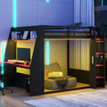 Merax Full Over Full Wooden Gaming Bunk Bed with Built-in Desk, LED Lights, USB Port, and 2 Storage Shelves, Solid Wood Gaming Loft Bed for for Bedroom, Black+Red by Merax