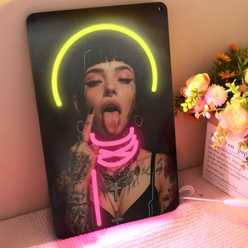Cyberpunk Girl Neon Sign Wall Decor, Aesthetic Tattoo Female LED Light Painting, Modern Street Style Neon Painting for Gaming Room, for Studio Bar Cool Edgy Bedroom Decor.(15.7 * 9.8 In) - Image 2