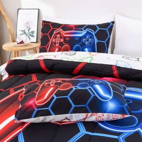 NTBED Game Console Comforter Set for Boys Girls Kids Geometric Lightweight Microfiber Bedding Sets (Red Blue, Full 5Pcs) - Image 6