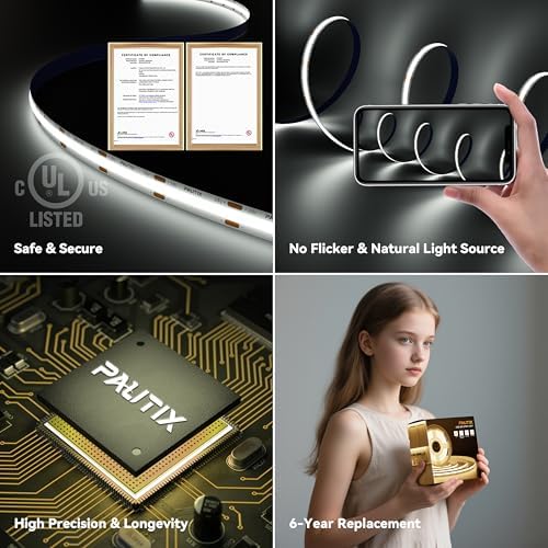 PAUTIX COB LED Strip Light 32.8ft,LED Lights UL-Listed Daylight White 6000K Strip Lights with RF Remote,Dimmable Super Bright 24V Cool White Natural White LED Tape Lights,Cabinet Office Lighting - Image 5