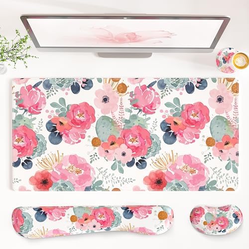 QiyI PU Leather Desk Mat Set, 4-in-1 Ergonomic Wrist Rest, Pink Flowers by QIYI