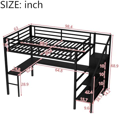 Queen Size Loft Bed with Desk and Storage Stairs, Metal Loft Bed Frame with Multi-color LED Lights, Charging Station, and Hanging Rod, Heavy-duty Loftbed for Kids, Teens, Adults, Noise-free, Black - Image 2