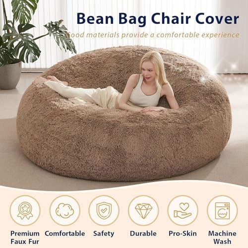 Bean Bag Cover (No Filler), Faux Fur Beanbag Chairs Covers Only, Stuffed Animal Storage Bean Bag, Giant Washable Beanbag Cover Without Filling, 6FT, Khaki - Image 4