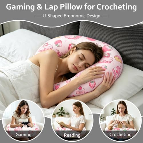 Ergonomic U-Shaped Gaming & Lap Pillow for Crocheting - Cute Strawberry Milk Crochet Pillow with Elbow & Arm Support, Lap Desk Pillows for Reading, Playing or Crocheting, Suitable for Adults - Pink - Image 5