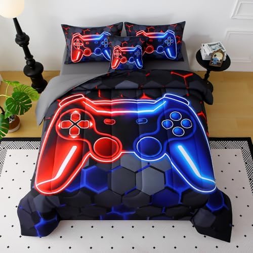 JQinHome Full Gaming Bedding Set 6-Piece Comforter for Kids Teens - 3D Video Game Console Print Bed in a Bag with Ultra-Soft Fluffy Sheets, Red-Blue Unisex Design (Full) - Image 2