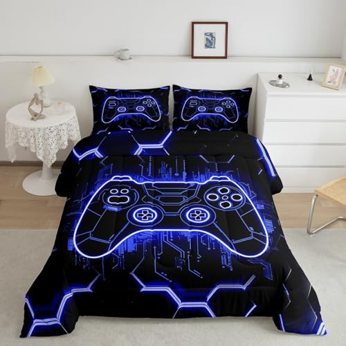 Feelyou Kids Blue Gamer Comforter Set Toddler Size, Honeycomb Gaming Comforter Boys Girls Modern Game Console Bedding Set Game Teens Duvet Set Bedroom Decor with 1 Pillow Case - Image 2