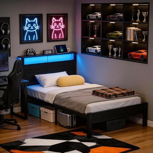 Black Twin Bed Frame with LED Lights and USB Charging Station, Modern Metal Platform Bed with Storage Headboard and Under-Bed Space, Noise Free, Sturdy Frame, No Box Spring Needed, Easy Assembly - Image 6