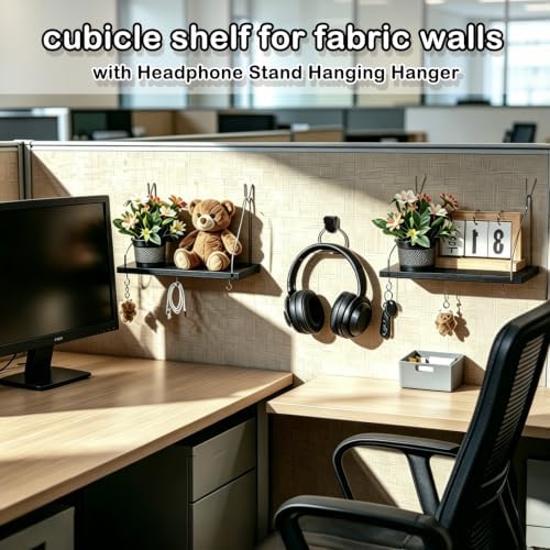 Fabric Wall 2 Pack Wooden black Cubicle Shelf with 1 Headphone Stand Hanging Silver Hanger, Office Organizer Accessories, Women Men Desk Organizer Stylish Ations Holder, Desk Work Space Storage Hook - Image 3