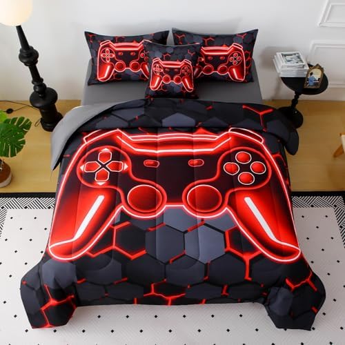 JQinHome Full Size Gaming Bedding Set 6-Piece Comforter for Boys Teens - 3D Video Game Print Bed in a Bag with Sheets, Red Cool Black Design (Full) - Image 2