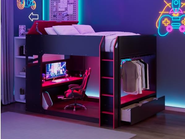 Merax Full Size Wood Loft Bed with Height-Adjustable Desk,Drawers,Storage Compartments,Hanging Rod and RGB Lights,Red by Merax