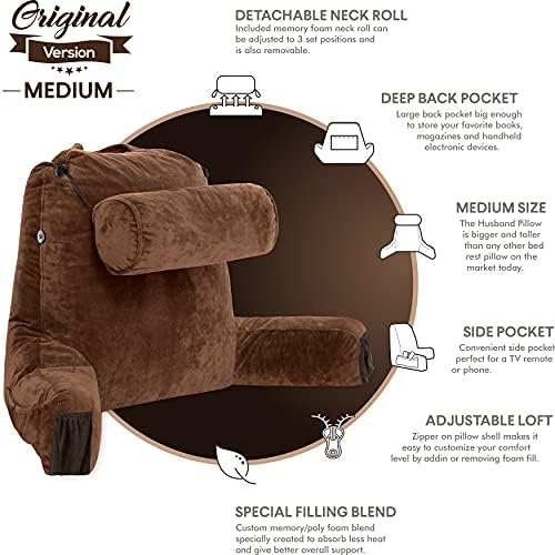 Husband Pillow Medium Reading Pillow with Arms - 23" Backrest for Sitting Up in Bed - Firm Support Bed Rest Pillow for Adults, Neck Roll, Removable Cover - TV, Reading, Lounging - Chocolate - Image 4