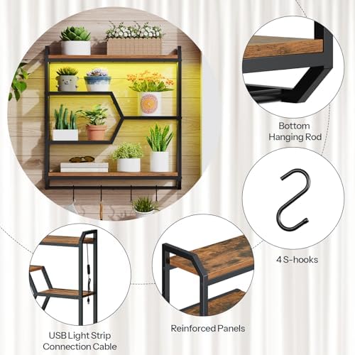HOOBRO 27.5" Floating Shelf with LED Lights, Gaming LED Wall Mounted Shelf with Hanging Rod & 4 S-Hooks, 4-Tier Hanging Display Rack, for Living Room, Gaming Room, Rustic Brown and Black BF71DBJ01 - Image 6