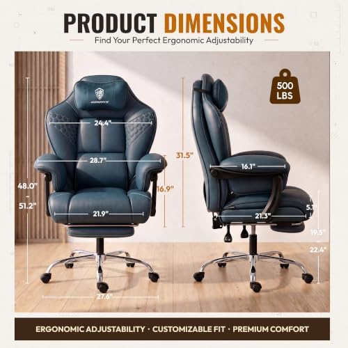 Dowinx Big and Tall Gaming Chair with Footrest for Home Office 500LBS Blue | High Back Leather Office Chair, Extra-Wide & Thick-Padded Seat Cushion with Ergonomic Lumbar Support and Soft Linkage Armrest - Image 3