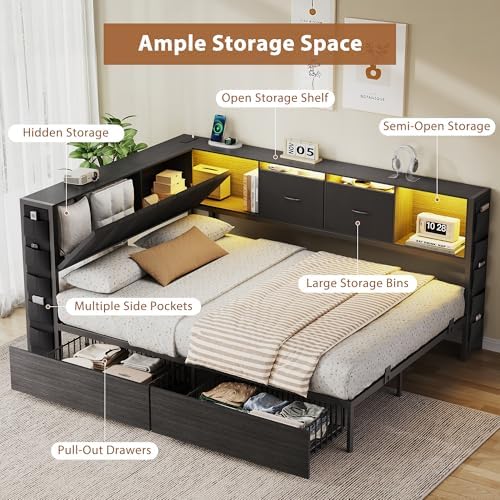 MapleGrace Full Corner Bed Frame with Upholstered Storage Headboard and Drawers, Metal Platform Bed Frame with LED Light and Charging Station, Full Daybed for Living Room, Bedroom & Guest Room, Black - Image 6