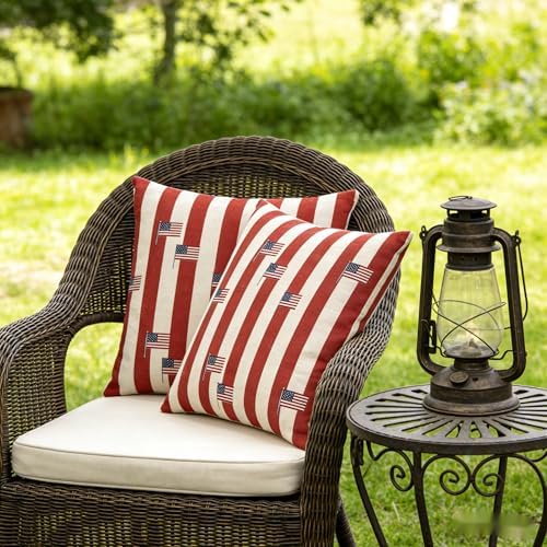 Patriotic Throw Pillow Covers, Red White Blue, Linen, 18x18 Inch, Set of 2, Farmhouse Style, July 4th Independence Day - Image 2
