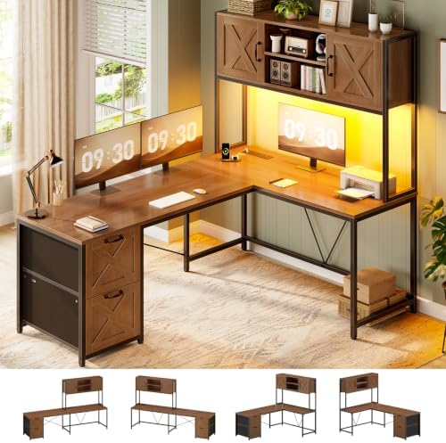 SEDETA Reversible Farmhouse L Shaped Office Desk with Drawer, Hutch by SEDETA
