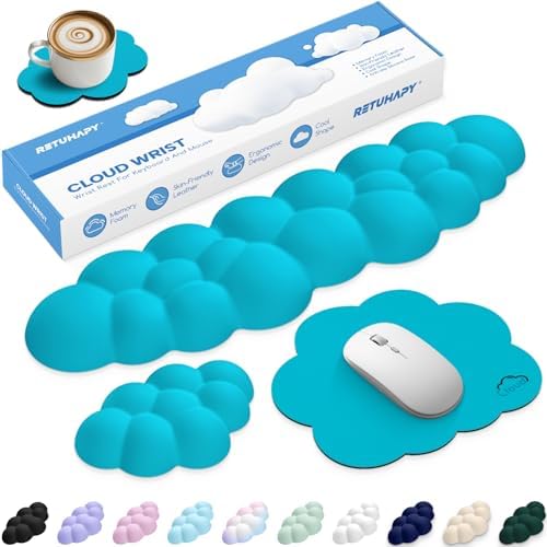 Cloud Wrist Rest Keyboard Cushion and Cloud Mouse Pad, Scuba Blue | 4-in-1 Ergonomic Cloud Keyboard Wrist Rest Set, Memory Foam, Arm Support for Palm, Cute Desk Accessory for PC Gaming Setup by Unknown