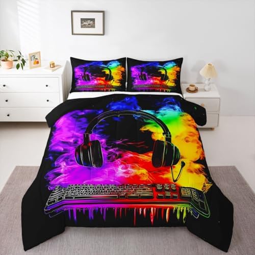 Erosebridal Gaming Keyboard Comforter Set Gaming Headphones Girl Toddler Bedding Set for Kids Boys Watercolor Smoke Fire Comforter Gamer Headset Quilt by Erosebridal
