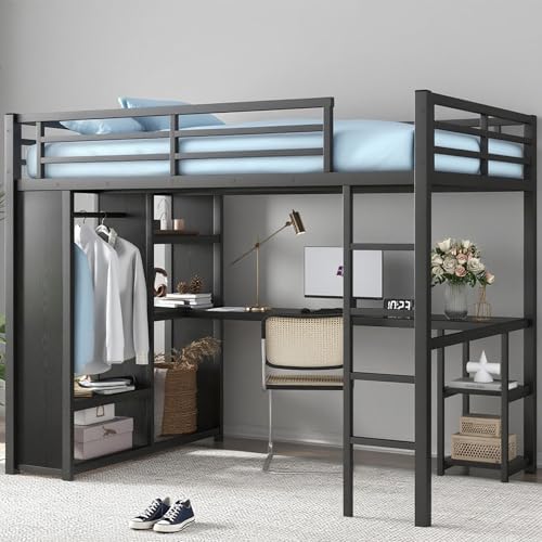 Bellemave Metal Full Size Loft Bed with Desk and Wardrobe,Heavy Duty Loft Bed Frame with Storage Shelves for Kids,Teens,Adults, Space Saving,Black by Bellemave