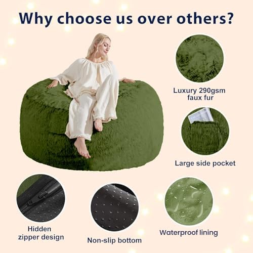 Bean Bag Cover (No Filler), Faux Fur Beanbag Chairs Covers Only, Stuffed Animal Storage Bean Bag, Giant Washable Beanbag Cover Without Filling, 5FT, Dark Green - Image 5