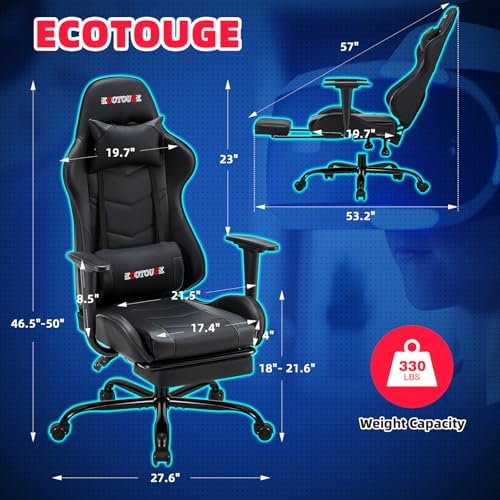 ECOTOUGE Black Ergonomic PC Massage Gaming Chair with Footrest | Reclining Racing PU Leather, Swivel Rocker, Headrest, Lumbar Pillow, Office Desk Chair, Adjustable Height, Sturdy Base - Image 3