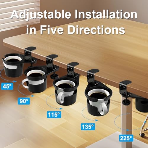 Upgraded Deeper Desk Cup Holder with 360° Rotation, Clamp Mount Design, Metal Office & PC Gaming Desk Accessories,Hidden Adjustable Drink Holder for Arm Chair,Coffee Cup - Image 4