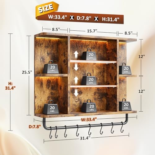 REIBII Floating Shelves with LED Lights, 7-Tier Wood Shelf, Wall Mounted Display Shelves with 8 S-Hooks, Wall Shelf for Kitchen, Bedroom, Bathroom, Office, Plants, Rustic Brown - Image 2