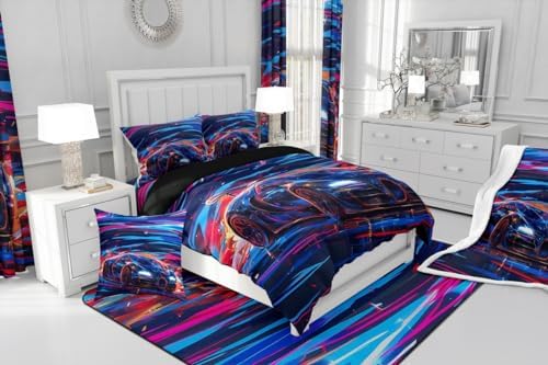 Feelyou Race Car Bedding Set 7 Piece Boys Girls Speed Sports Car King Comforter Set with Sheets for Kids Extreme Sports Bed in a Bag Trippy Automobile Colorful Bed Set Room Decor - Image 7