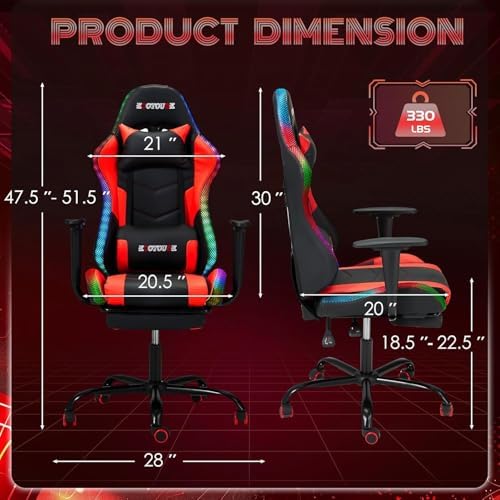 ECOTOUGE Gaming Chair, Video Game Chair with RGB LED Lights & Footrest | Ergonomic Computer Chair Height Adjustable with Massage Lumbar Support and Headrest for Adults and Kids, Black&Red - Image 3