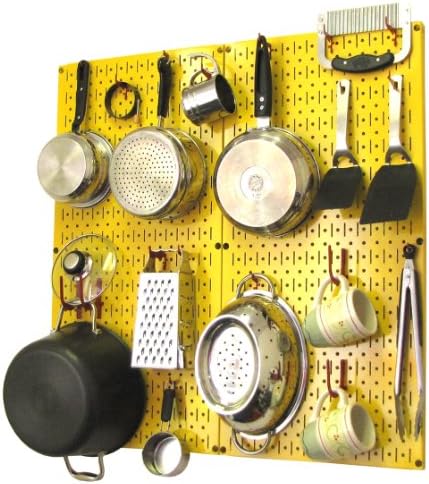 Wall Control Kitchen Pegboard Organizer Pots and Pans Storage Rack Organization Kit with Yellow Pegboard and Red Accessories by Wall+Control