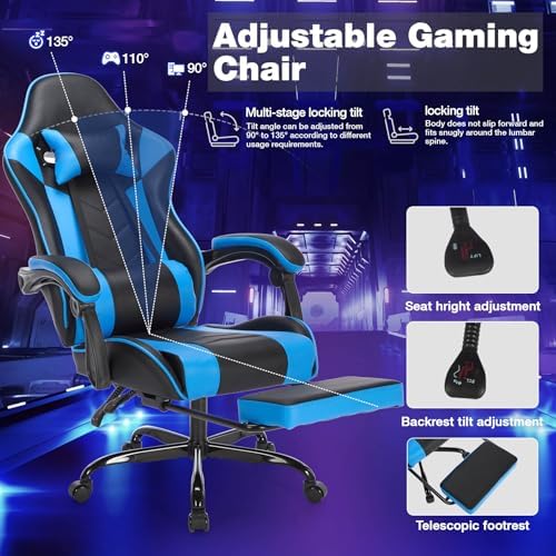 Gaming Desk Chair for Adults, Ergonomic Gaming Chair (Black+Blue) | with Footrest & Headrest and Lumbar Support, Leather Material Height Adjustable computer Video Game Chairs - Image 4