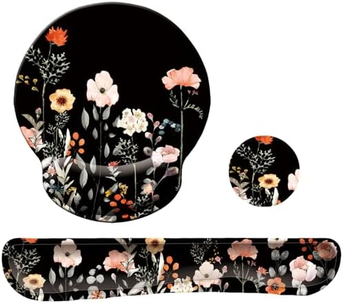 Keyboard Wrist Rest Pad Mouse Pad with Wrist Support Set of 3, Mousepad with Non-Slip Rubber Base, Ergonomic Memory Foam Mouse Wrist Cushion Support for Home Office Laptop Computer, Flower Black by LIZPARE