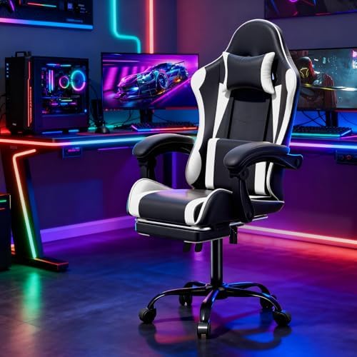 Magshion Video Gaming Computer Chair with Footrest, White | Ergonomic, Lumbar Support, Adjustable Height, Racing Style, High Back Recliner, Comfy Leather, Swivel Seat, for Home Office - Image 2