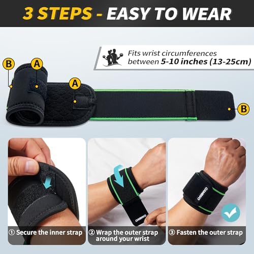 CAMBIVO 2 Pack Wrist Brace for Carpal Tunnel with wraps, Black-Green | Wrist Support, Adjustable Wrist Wraps for Weightlifting, Tendonitis, Pain Relief, Sleeping, Night, Gym, Neoprene, Both Hands - Image 5