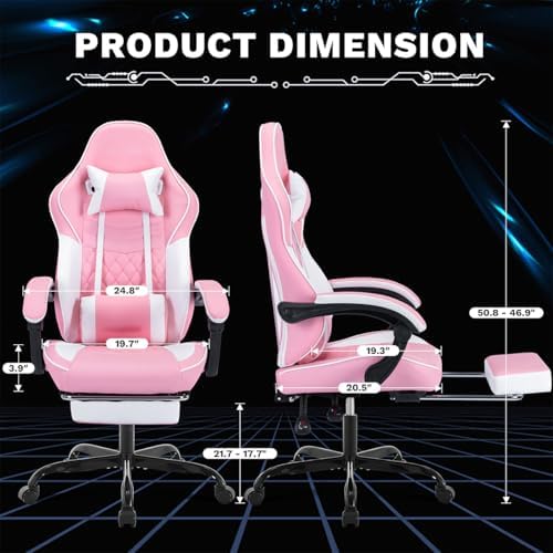 Gaming Desk Chair for Adults, Ergonomic Gaming Chair (Pink+White) | with Footrest & Headrest and Lumbar Support, Leather Material Height Adjustable computer Video Game Chairs - Image 3