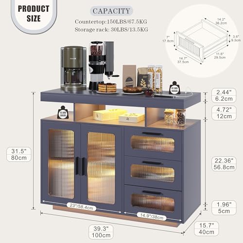 HWB Coffee Bar Cabinet with RGB Light & Charging Station, Gray - Image 2