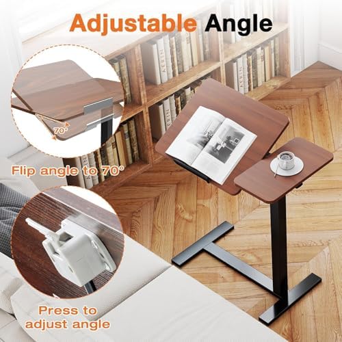 Simple Deluxe Standing Rolling Desk with Hidden Casters, Height Adjustable Pneumatic Mobile Laptop Desk, Tilting Bedside Table for Laptop, Overbed Bedside Table Hospital Home Use, Brown - Image 5