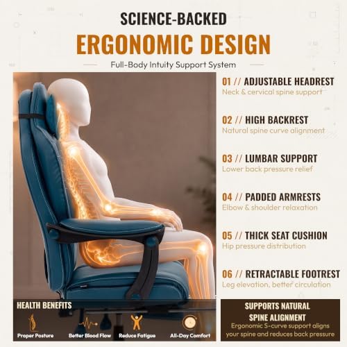 Dowinx Big and Tall Gaming Chair with Footrest for Home Office 500LBS Blue | High Back Leather Office Chair, Extra-Wide & Thick-Padded Seat Cushion with Ergonomic Lumbar Support and Soft Linkage Armrest - Image 6