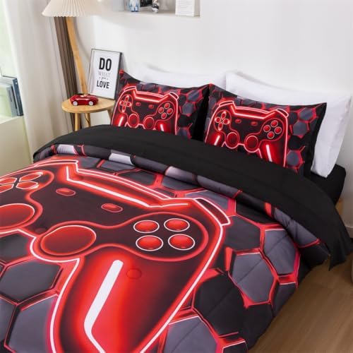 NTBED 3D Gaming Comforter Set for Boys Kids Teens,5pcs Gamer Bedding Sets with Sheet,Game Console Bed in a Bag (Red, Full) - Image 3