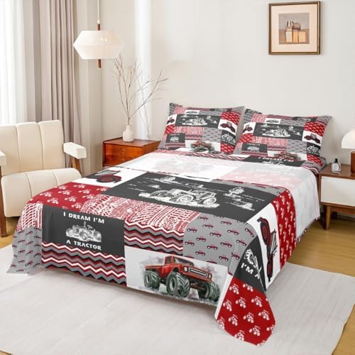 Erosebridal Red Tractor Bedding Set for Boys Twin,Construction Tractor Bed Sheets Kids Teens Equipment Trucks Sheet Set Black White Construction Vehicle Fitted Sheet Bedroom Decor - Image 3