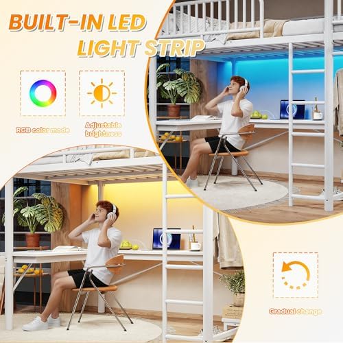KEIKI Queen Size Metal Loft Bed Frame with L-Shaped Desk, White - Image 7