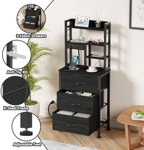 Furnulem Black Nightstands Set of 2, Tall Night Stand with Charger Station - Image 4